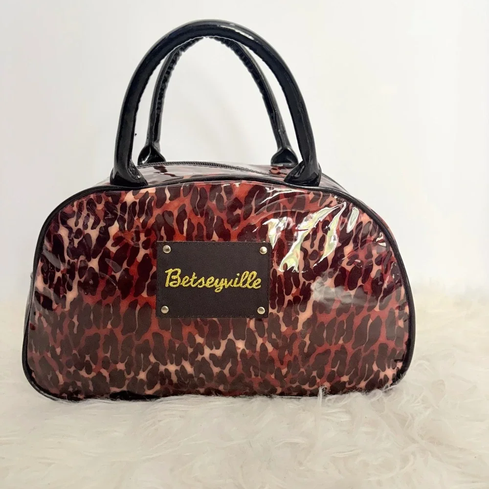 Betseyville Betsey Johnson Leopard Print PVC Mini Bowler Bag y2k Brown Black